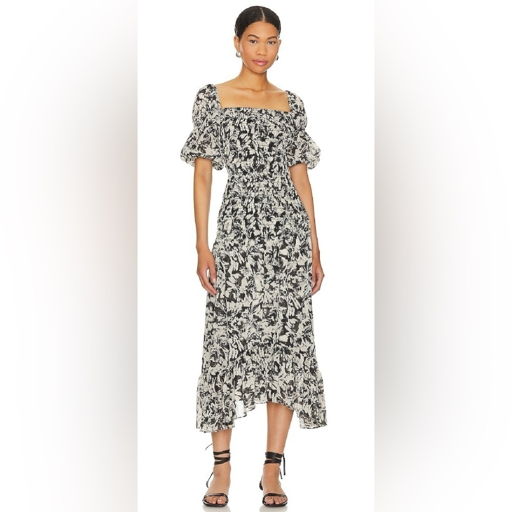 NWT MISA Diya Dress Size S Black White Gold Thread Elastic Smocked Bodice